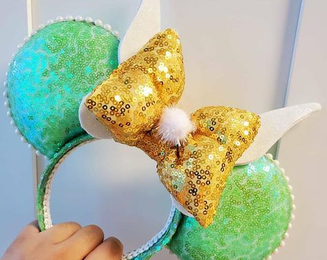 Tinkerbell Mouse Ears, Tinkerbell Minnie Ears, Tinkerbell Mickey Ears, Tinkerbell Ears, Mickey Ears Diy, Disney Minnie Ears, Bows Accessories, Disney Craft, Disney Ears Headband