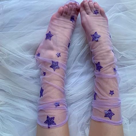 Aesthetic Socks, Tulle Socks, Luxury Fashion Outfits, Fancy Socks, Socks Aesthetic, Purple Stars, Glitter Socks, Purple Socks, Star Clothing