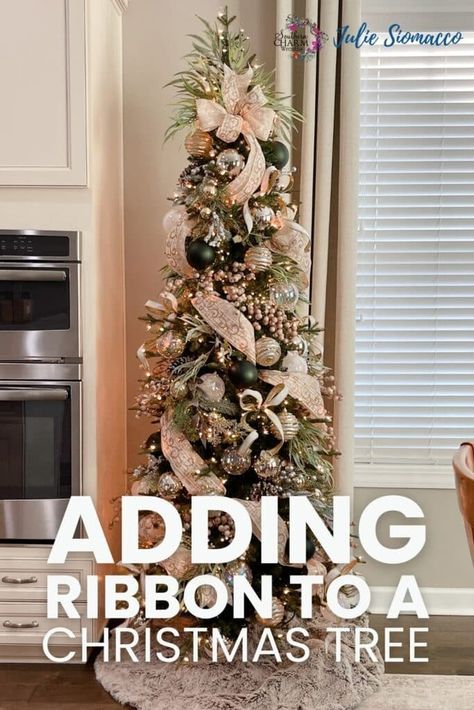 How to Add Ribbon to a Christmas Tree - Southern Charm Wreaths Loop And Tail Ribbon Christmas Tree, Xmas Tree Ribbon Ideas, Ribbon On Trees Christmas, Narrow Christmas Tree, Christmas Tree Ribbon Garland, Blue Christmas Tree Decorations, Funky Bow, Christmas Tree Decorations Ribbon, Decorating Business