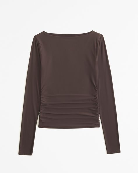 Flattering long-sleeve top with ruched detailing in our elevated, barely-there soft matte seamless fabric, with a slash neckline and straight hem. Our buttery Soft Matte fabric hugs your body in lightweight compression, with a flattering all-over blur, that's perfect for every body, every day.  Imported. Brown Long Sleeve Shirt, Matte Fabric, Ruched Top, Dark Brown Color, Suits Coats, New Arrival Dress, Blur, Abercrombie Fitch, Jumpsuit Dress