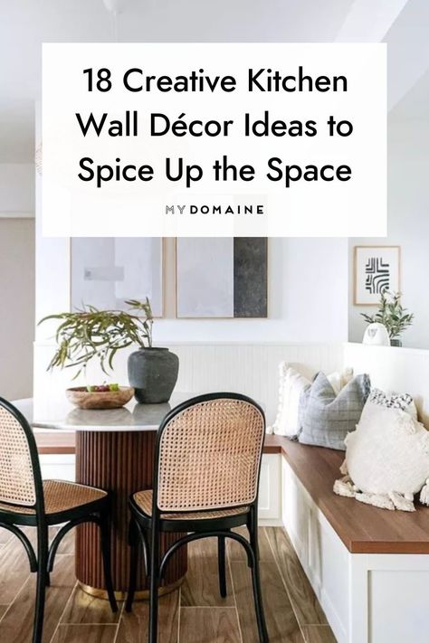 We've got you covered with 18 kitchen wall décor ideas that make your kitchen look just as good as the food you'll be cooking up in it. #walldecorideas #kitchendecorideas #mydomaine #contemporaryhomedecor #modernkitchens #cozykitchens Artwork In Kitchen Ideas, What To Hang On Side Of Kitchen Cabinets, Awkward Kitchen Wall, Above Cupboard Decor Kitchen Modern, Minimalist Decor Above Kitchen Cabinets, Big Blank Kitchen Wall, Kitchen Blank Wall Ideas, Kitchen Nook Wall Decor, Blank Wall In Kitchen Ideas