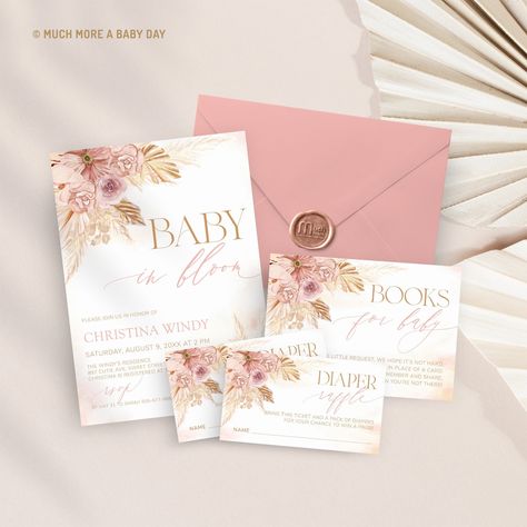 Pampas Boho Baby Shower Invitation Baby in Bloom, Flower Baby Shower Invite Set Watercolor Floral Babyshower Invitation Girl Digital | MM024 by MuchMoreABabyDay on Etsy Pink Pampas, Ticket Card, Boho Baby Girl, Baby In Bloom, Boho Pink, Floral Baby Shower Invitations, Diaper Raffle Tickets, Baby Shower Flowers, Shower Bebe