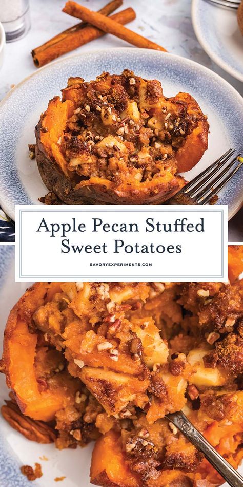 Apple Stuffed Sweet Potato, Baked Sweet Potato Stuffed, Sweet Potatoes And Pecans, Apple And Sweet Potato Recipes, Sweet Potato Apple Recipes, Apple Sweet Potato Bake, Unique Sweet Potato Recipes, Stuffed Sweet Potatoes Recipes, Recipes Using Sweet Potatoes