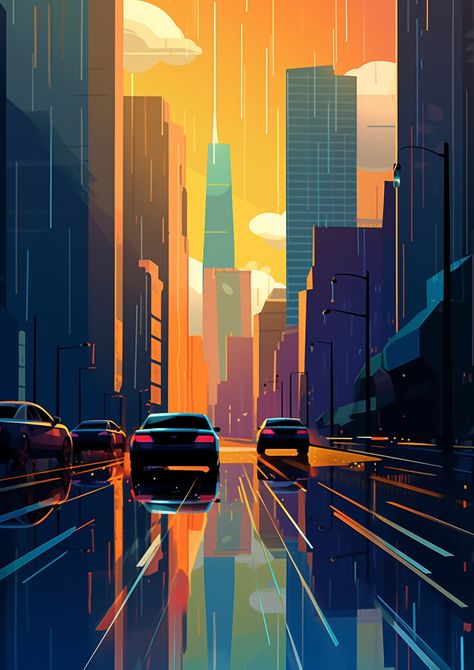 City Scape Painting, Rain Street, Book Illustration Design, Drive Through, City Design, City Streets, Book Illustration, The Rain, Travel Posters