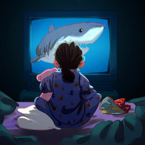 Alone by Jule GoerkeIllustration during Childhood Week about watching TV alone at night Watching Tv At Night, Tv At Night, Illustration Challenge, Alone At Night, Self Portrait Art, Watch Drawing, 2560x1440 Wallpaper, Night Illustration, Ap Art