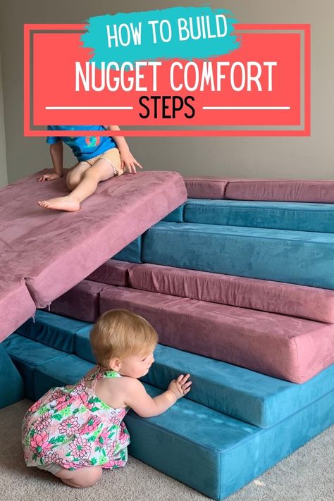 Here's a guide to our favorite nugget build: steps and a slide! Slide Nugget Build, Nugget Stairs, Nugget Stair Slide, 2 Nugget Slide Build, Nugget Slide Build, Nugget Climbing Build, 2 Nugget Couch Builds Climbing, 2 Nugget Builds For Climbing, 2 Nugget Couch Builds Slide