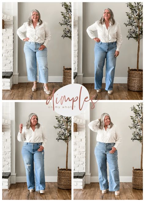 Wide-leg jeans can be flattering for plus-size women and I've found four pairs that are well worth a try-on and I'm sharing three styling tips for how to make them work for curvy figures. Wide Leg Jeans Black Outfit, Jeans For Big Thighs, Plus Size Wide Leg Jeans, Wide Leg Jeans Black, Black Outfit Ideas, Wide Leg Pants Plus Size, Plus Size Wide Leg, Slim Tank Top, University Outfit