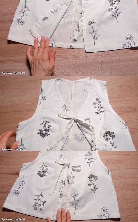 Easy Tie Front Top Sewing Tutorial + Free PDF Pattern - Sparrow Refashion: A Blog for Sewing Lovers and DIY Enthusiasts Basic Top Sewing Pattern, Side Tie Vest Pattern, Tie Front Top Pattern Free, Tie Back Top Sewing Pattern, Simple Top Pattern Free Sewing, Tank Top Pattern Sewing, Diy Tank Top Pattern, Vest Sewing Pattern Free, Tie Top Sewing Pattern