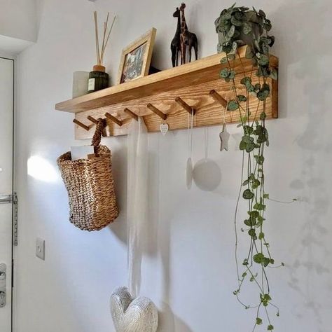 Entryway Ideas Uk, Hook Shelf Decor, Coat Hook Shelf Decor, Hallway Shelf With Hooks, Shelf Wood Design, Hallway Hanging Shelf, Entrance Coat Hooks, Hallway Hooks With Shelf, Hallway Peg Rail