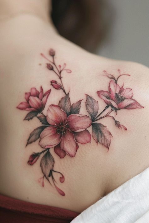 Fun Flower Shoulder Tattoo Designs for Women Shoulder Tattoo Women Flower, Colorful Shoulder Tattoo, Shoulder Tattoo Designs For Women, Rose Of Sharon Tattoo, Shoulder Tattoo Designs, Tattoos Colorful, Cute Shoulder Tattoos, Colorful Flower Tattoo, Realistic Flower Tattoo