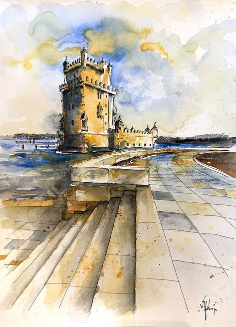 Lisbon Watercolor Paintings, Lisbon Watercolor, Lisboa Painting, Urban Sketches, City Sketch, Architecture Sketchbook, Travel Painting, Watercolor Pictures, Painting Subjects