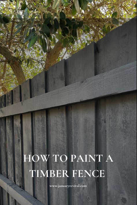 Image features a timber fence which has been painted black using a Wagner spray gun. The text overlay says ‘how to paint a timber fence like a pro’. Dark Painted Fence, Timber Fencing Ideas, Charcoal Grey Fence Paint, Grey Wooden Fence, Grey Wood Fence, Gray Fence Backyard, Paint Old Fence, Fence Paling Ideas, Painting Backyard Fence