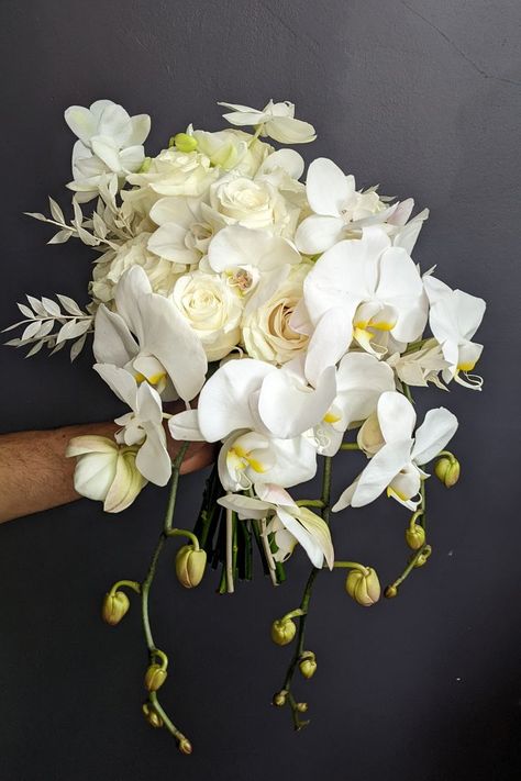 All-White Modern Orchid Wedding Bouquet Bridal Bouquet Orchids, Bouquet Orchid, Romantic Wedding Aesthetic, Bridal Flowers Bouquet, Orchid Bouquet Wedding, Nova Scotia Wedding, Elopement Venues, Bridal Bouquet Blue, Bridal Party Flowers