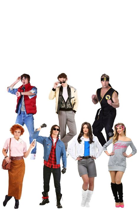 80s Theme Halloween Costume, 80s Character Costume, 80s Movie Outfits, 80s Movies Costumes, Easy Group Costumes, 1980s Party Outfits, Work Group Halloween Costumes, 80's Costume Ideas, 80s Movie Costumes