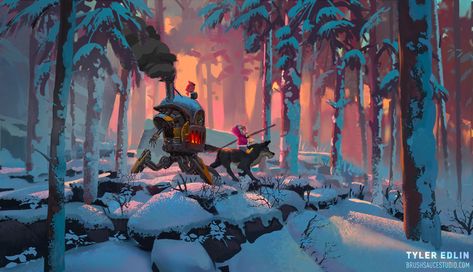 Snow Concept Art, Tyler Edlin, Scene Illustration, Environment Painting, Bg Design, Landscape Concept, Landscape Background, Winter Scene, Animation Background