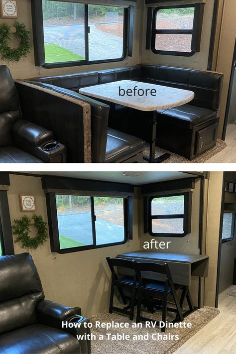 We removed our camper dinette and replaced with a table and chairs. We show you how to carefully remove the dinette and install a table to update your RV. #howto #howtoremove #camperdinette #remodel #ideas #replacement #traveltrailers #camper #remodeldiningtables #diningbooth #fromrv #inrv #fromcamper #rvdinette #rvdinettetable #removedinetteinrv #removedinetttable #removecamperdinette Camper Furniture Replacement, Camper Dining Booth Remodel, Camping Sides, Rv Table Ideas, Camper Projects, Rv Office, Trailer Hacks, Camper Table, Camper Decorating