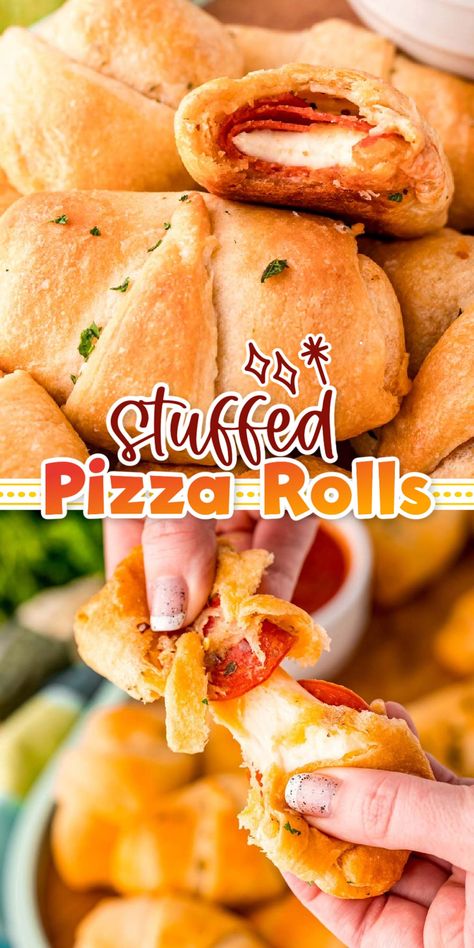 Stuffed Pizza Rolls are packed with mozzarella cheese sticks and pepperoni, then wrapped in a flaky crescent roll! Serve these handheld Pizza Rolls with your favorite pizza sauce and watch as they quickly fly off the plate!  via @sugarandsoulco Croissant Pepperoni Rolls, Wv Pepperoni Rolls Recipe, Stuffed Pizza Rolls, Cheesy Pepperoni Pizza Sticks, Pepperoni Rolls Recipe, Pizza Dippers, Pie Crust Pizza, Stuffed Rolls, Crescent Roll Appetizers