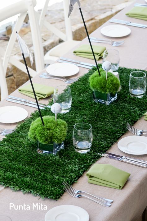 Golf Themed Table Decorations, Golf Themed Flower Arrangements, Golf Table Decor, 50th Birthday Golf Theme, Golf Theme Decor, Golf Pinata, Golf Party Decor, Golf Themed Centerpieces Ideas, Turf Table Runner