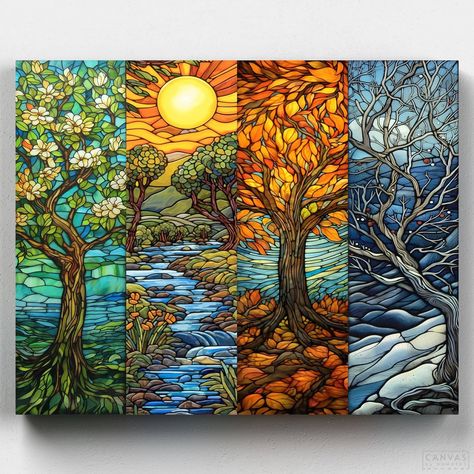 The Four Seasons - Paint by Numbers-Create a stunning stained glass scene with our Four Seasons Paint by Numbers Kit. Each panel represents spring, summer, fall, and winter in vibrant colors.-Canvas by Numbers 4 Seasons Acrylic Painting, Spring Summer Fall Winter Painting, 4 Season Tree Painting, Four Seasons Artwork, Four Season Painting Ideas, 4 Season Painting Ideas, Seasons Painting Ideas, Changing Seasons Art, Seasons Paintings On Canvas