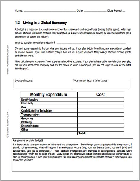 Monthly Budget Worksheet for Economics - Free to print (PDF file). Grades 7-12. Budgeting Activities For High School, Middle School Economics, Economics Worksheets, High School Economics, Economics Student, Math Division Worksheets, Monthly Budget Worksheet, Consumer Math, Economics Lessons