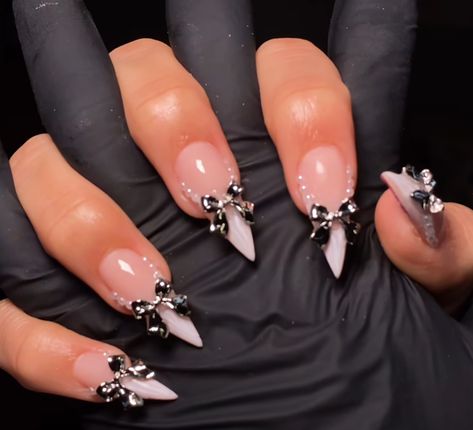 Black And Silver Nails Acrylic Almond, Silver French Nails, Silver Chrome Nails With Gems, Silver Chrome Nails With Charms, Goth Acrylic Nails With Charms, Silver Chrome French Tip Nails With Charms, Henna Nails, Stilleto Nails Designs, Classy Acrylic Nails