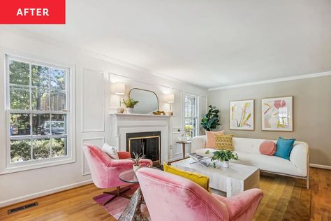 Bright living room with white and taupe painted walls. Two pink armchairs across from white sofa with marbled coffee table in the center. Small Round Side Table, Pink Armchair, Narrow Rooms, Art Shoes, White Sofa, Living Room Styles, Bright Living Room, Living Room Color Schemes, Painted Walls