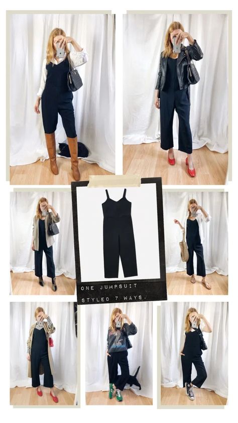 How to Wear a Jumpsuit | One Jumpsuit Styled Seven Ways | Capsule Wardrobe | Spring capsule Wardrobe | Summer Capsule Wardrobe | Everlane Style | How to Style a Jumpsuit | livelovesara How To Wear A Jumpsuit In The Fall, Ways To Style A Jumpsuit, How To Wear Jumpsuit, Accessorize Jumpsuit, How To Wear A Jumpsuit In Winter, How To Style A Jumpsuit, How To Style Jumpsuit, Jumpsuit In Winter, How To Style A Romper