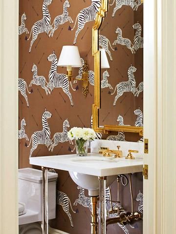 Zebra Wallpaper, Painted Vanity, Wallpaper Textured, Pretty Bathrooms, Deco Bathroom, Powder Room Design, Brown Bathroom, Wallpaper Accent Wall, Interior Wall Design