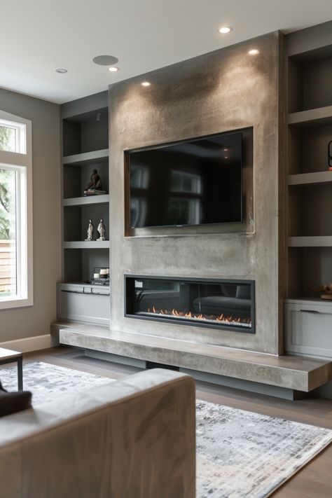 Revamp your living space with stylish fireplace wall ideas featuring a wall-mounted TV. Check out more ideas in this article. Concrete Fireplace Wall With Tv, Fireplace On Vaulted Ceiling Wall Off Center, Modern Fireplace Doors, Brick Wall With Fireplace And Tv, Recessed Tv Wall Built Ins, Tv Over Fireplace Ideas Modern, Fireplace 9ft Ceiling, 10 Ft Fireplace Wall, Modern Living Room Tv Wall Ideas