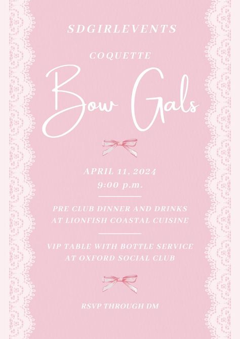 Bow Gals Coquette Invitation Flyer, Coquette themed party invitation, Coquette themed dinner, @sdgirlevents on Instagram, Canva tips, Canva flyer, Canva invitation #canva #coquette #flyer #invitation Bday Invite Template, Coquette Bday, Coquette Invitation, Grey Food, Flyers Ideas, Canva Flyer, Themed Dinner, Food Flyer, Canva Tips