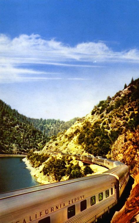 Zephyr Train, California Zephyr, Vintage Trains, Passenger Train, River Canyon, Train Posters, Train Cars, Nevada Mountains, Railroad Photography