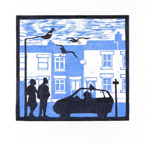 Taxi by blue cottages linocut by starmagnolialino on Etsy Everyday Scenes, Printmaking Projects, Linoleum Print, Linocut Printmaking, Foto Transfer, Lino Art, Relief Printing, Lino Cut, Linocut Art