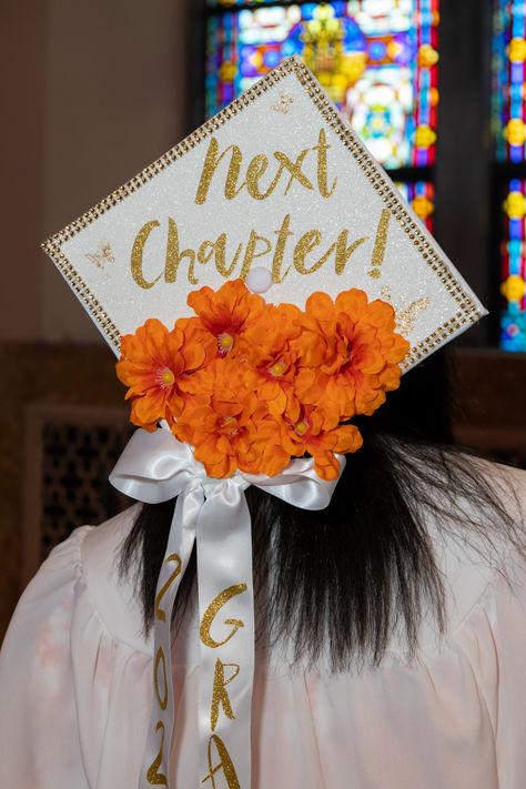 Orange Graduation Cap Decoration, Graduation Cap Designs Orange, Orange Grad Cap Ideas, Sun Graduation Cap, Graduation Cap Designs Red, Yellow Graduation Cap, White Cap And Gown, Green Graduation Cap, 2enior Ye4r