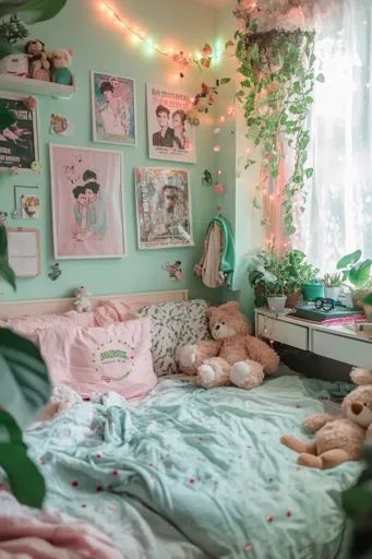 ↑↑↑ Larger size on website 🔸 A bedroom with a light green and pink color scheme. The bed is made with a light green and pink patt Green Pink Room Bedrooms, Room Ideas Aesthetic Green And Pink, Pink Green Room Decor, Pink And Green Aesthetic Bedroom, Pink And Green Dorm Room, Pink Green Room, Cozy Feminine Bedroom, Green Pink Bedroom, Green And Pink Color Scheme