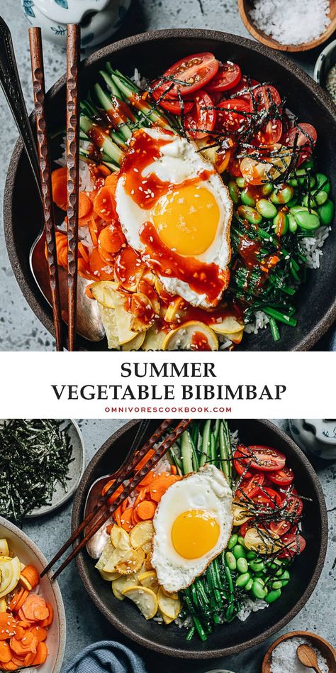 Vegetable Bibimbap, Omnivores Cookbook, Vegetarian Bibimbap, Bibimbap Recipe, Seasoned Veggies, Seasonal Vegetables, Family Lunch, Different Vegetables, Summer Vegetable