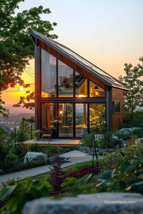 Rising sun illuminates mist-wreathed rainforest valleys. Sip coffee surveying seas, beaches, and volcanic peaks. Glass Tiny House, A Frame Tiny House, Small Chalet, Modern Tiny Home, Scandinavian Houses, House Types, City Houses, Frame House Plans, Modern Lake House