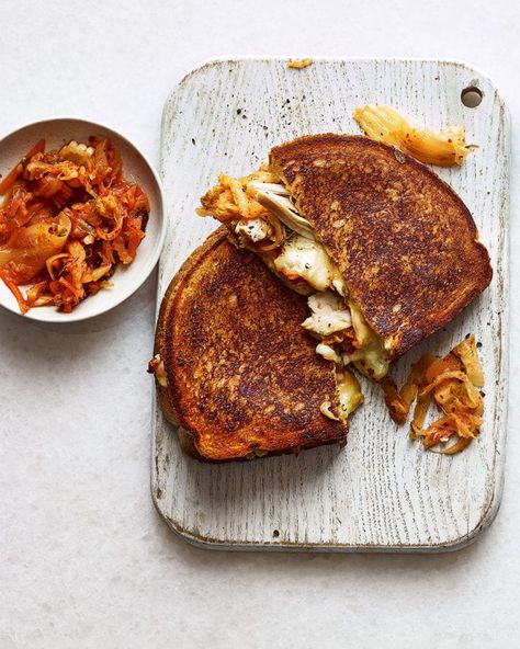 Roast chicken, cheese and kimchi toastie | delicious. magazine Cheese Toastie, Roast Chicken Leftovers, Leftover Chicken Recipes, Croque Madame, Kimchi Recipe, Weeknight Dinner Recipes Easy, Delicious Magazine, Weeknight Dinner Recipe, Leftover Chicken