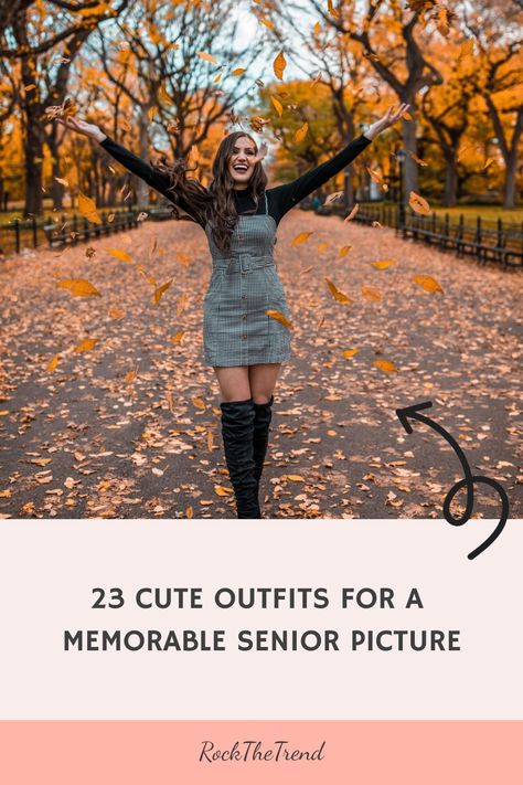 Woman smiling with arms raised in a park with autumn leaves falling, wearing a fashionable outfit suggestive of ideas for senior pictures. Outside Pic Ideas, Senior Picture Ideas Covered Bridge, Fall Senior Portraits Outfits, Senior Pictures Outfits 2024, 2024 Senior Pictures Outfits, Senior Pictures Fall Outfits, Fall Senior Photo Outfit Ideas, Fall Senior Photo Outfits, Senior Fall Pictures Outfits