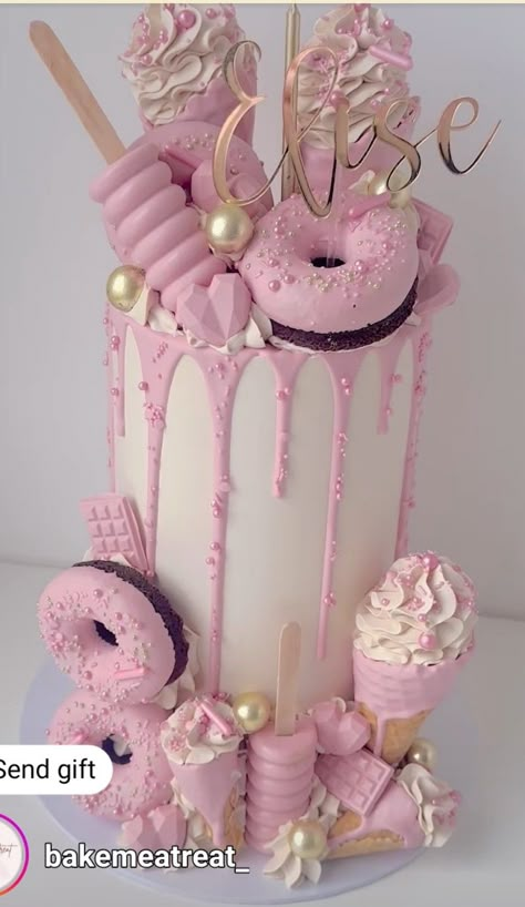 Birthday Drip Cake, Donuts Cake, Pink Cakes, Fairy Birthday Cake, Cake Land, Birthday Cake Decorating Ideas, Cake Pop Decorating, Elegant Birthday Cakes, Wedding Cake Recipe