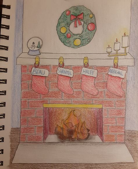 Christmas Fireplace Drawing, Fireplace Drawing, Christmas Fireplace, Vintage World Maps, Hand Drawn, Sketch Book, Fireplace, Sketch, Map