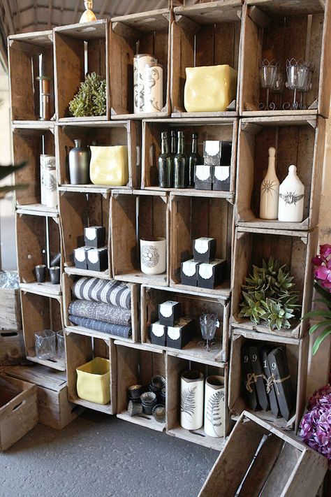 DIY Wine Crate Storage Projects | Decorating Your Small Space Wine Crate Wall, Wine Crate Storage, Charity Shop Display Ideas, Crate Crafts, Old Wooden Crates, Miller House, Crate Bookshelf, Wooden Dog Kennels, Old Crates