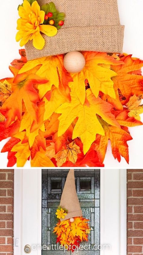 This fall gnome wreath is SO CUTE! Make a burlap gnome hat and create a beard out of autumn leaves to make this fall wreath. It's such a fun fall craft for teens, adults, and seniors. Hang your gnome wreath on the front door or above the mantle for a Halloween or Thanksgiving decoration! Diy Gnome Hats, Gnome Door Hanger Diy, Fall Door Hangers Diy, Fall Gnome Wreath, Thanksgiving Wreaths Diy, Thanksgiving Table Decor Ideas, Preschool Creative Art, Gnome Door Hanger, Fall Crafts For Adults