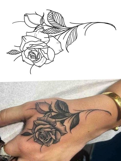 နင်းဆီ Tattoo, Simple Rose Tattoo Stencil, Hand Tattoos Outline, Rose Hand Tattoo Stencil, Hand Tattoo Stencils Outline For Women, Rosa Tattoo Designs, Hand Outline Tattoo, Rose Simple Tattoo, Rose Hand Tattoo Woman