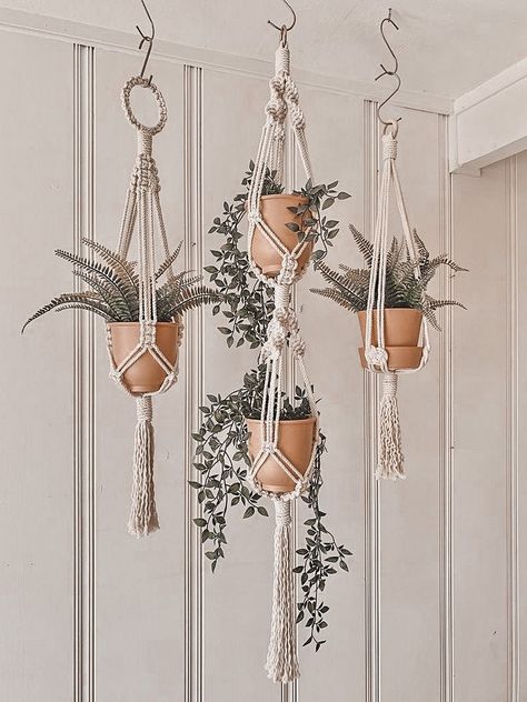 Macrame Plant Hanger Aesthetic, Macrame Bedroom, Macrame Hanger, Boho Theme, Ceiling Hanging, Macrame Plant Hangers, Balcony Design, House Plants Indoor, Macrame Design