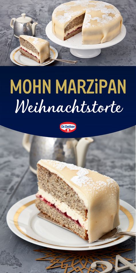 Marzipantorte mit Mohn, gefüllt mit Himbeer-Fruchtaufstrich und Sahne - unser Mohn Marzipan Torte Rezept. Dr. Oetker Rezepte, Weihnachtstorten Rezepte, Weihnachtstorten dekorieren, Weihnachtstorten Rezepte Spekulatius, Weihnachtstorten Rezepte fruchtig, Torten Weihnachten, Torten weihnachtlich, Torten zu Weihnachten, backen Weihnachten Torten, Weihnachtstorte einfach, weihnachtlich backen, Mohn Marzipan Torte Advent 2023, Baking Sweets, Marzipan, Sweet And Salty, Coffee Tea, Pie, Baking, Cake, Christmas