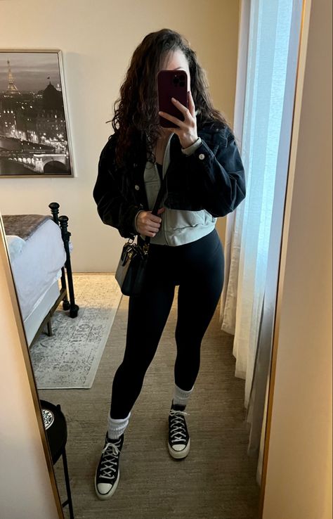 Black Crop Jean Jacket Outfit, Legging And High Socks Outfit, Hightop Converse Outfit Winter, Womens Chuck Taylors Outfit, Leggings And Chucks Outfits, Scrunchie Socks Outfit, Leggings And Converse Outfit High Tops, Black Cropped Jean Jacket Outfit, Scrunchy Socks Outfit