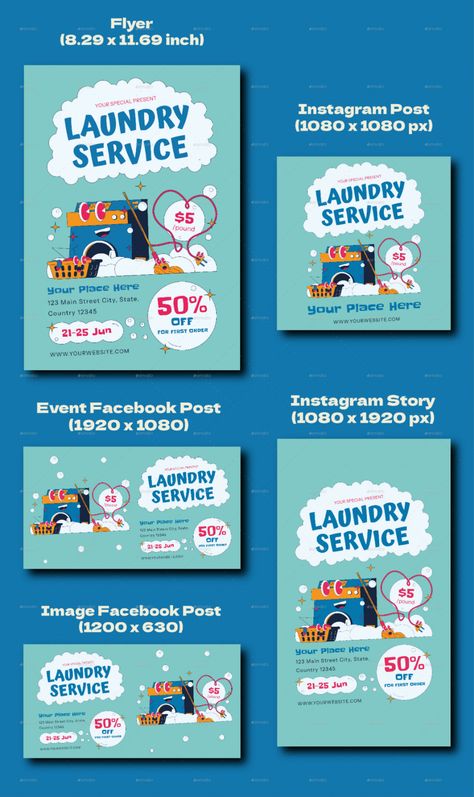 Blue Retro Laundry Service Flyer Set Laundry Service Poster Design, Service Advertisement Poster, Laundry Poster Design Ideas, Laundry Graphic Design, Laundry Services Flyer Design, Laundry Poster Design, Laundry Flyer Design, Banner Laundry, Laundry Ads