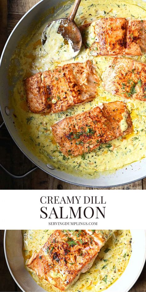 Salmon in Creamy Dill Sauce Dill Salmon Recipes, Dill Recipes, Dill Salmon, Creamy Dill Sauce, Sauce For Salmon, Fish Dinner Recipes, Seafood Entrees, Dill Sauce, Salmon Dinner