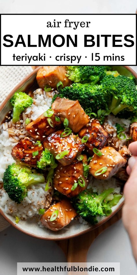 These crispy and flavorful air fryer salmon bites are coated in a healthy homemade teriyaki sauce and are so easy to make in less than 15 minutes. Serve with rice and veggies for a quick, high-protein weeknight meal! Teriyaki Salmon Bites, Salmon Stir Fry, Rice And Veggies, Actifry Recipes, Carb Free Recipes, Air Fryer Salmon, Salmon And Broccoli, Salmon Bites, Healthy High Protein Meals