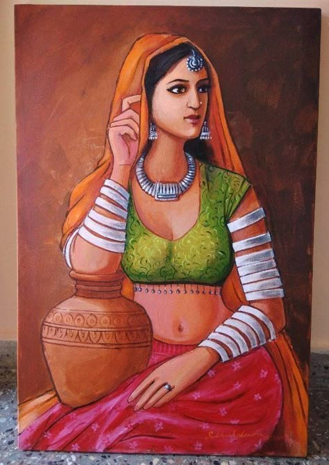 Paintings Of Women, Poster Color Painting, Thomas Wayne, Rajasthani Art, Composition Painting, Modern Art Canvas Painting, Indian Women Painting, Easy Mandala Drawing, Boho Art Drawings